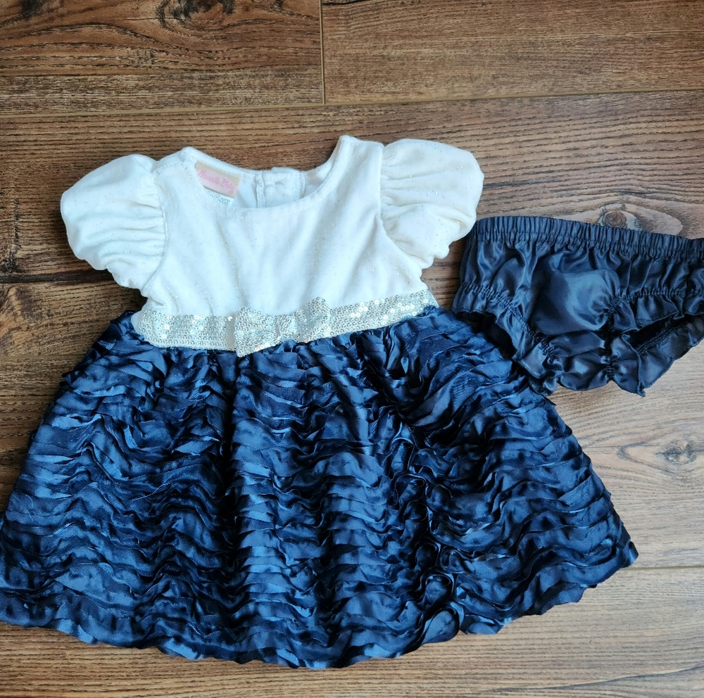 Navy blue ruffle and sparkling white baby dress size 3-6 months by Nauvette Baby